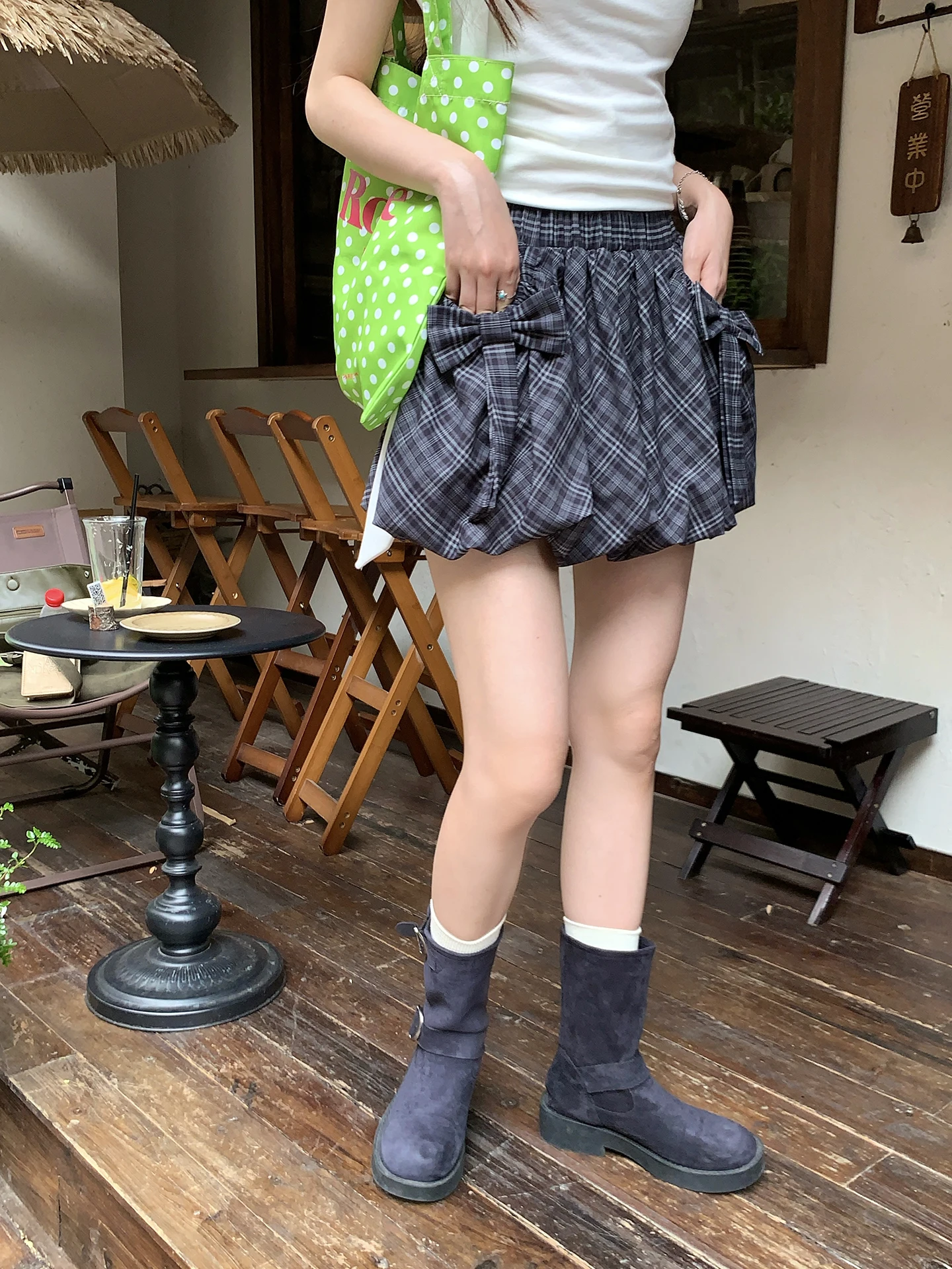 

Короткая юбка Hollyii в корейском стиле с высокой талией, в клетку, с узлом и цветочным декором, универсальная, весна-лето, новинка