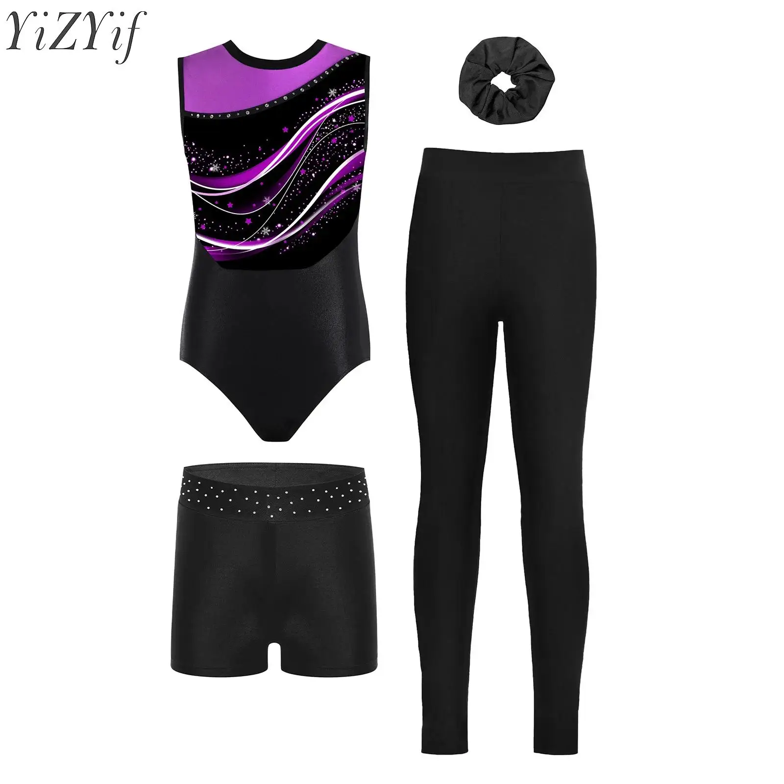 

Kids Girls Ballet Gymnastics Sets Sports Outfit Sleeveless Color Block Leotard with Rhinestones Shorts Hair Band and Leggings