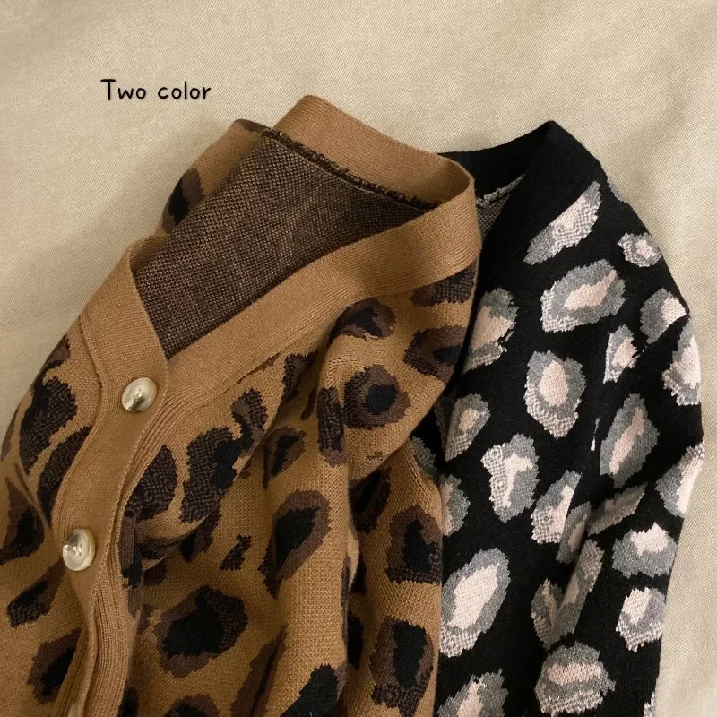 Short Leopard Print All-match Coffee Sweater Cardigan 2021 Fall and Winter New Outerwear Jacket Knitwear Long Sleeve Base Top