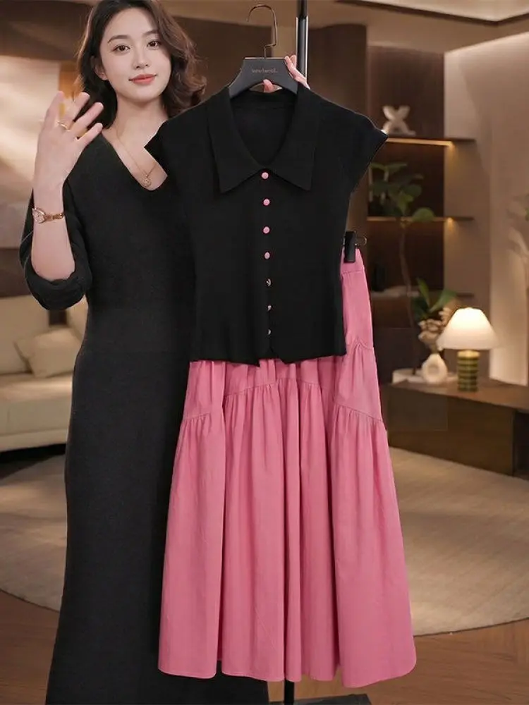

Black Neck Short Sleeve Two-Piece Set for Women Summer Fashion Skirt And Top Ensemble Breathable Lightweight Casual Wear