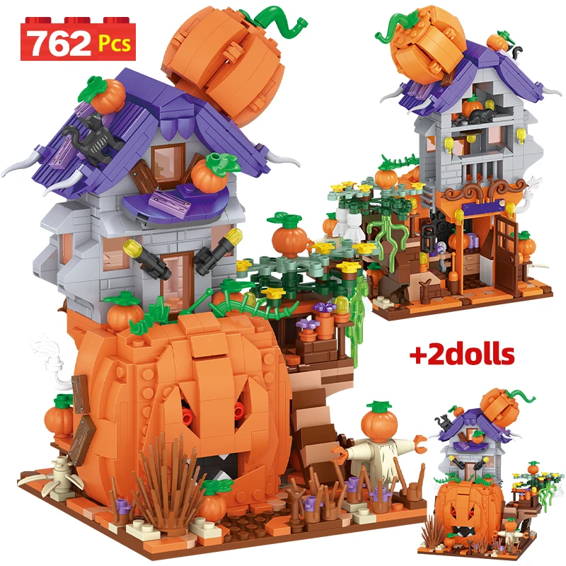 

762pcs City Mini Halloween Pumpkin Cottage Building Blocks Double Cabin House Friends Architecture Bricks Toys for Kids Gifts