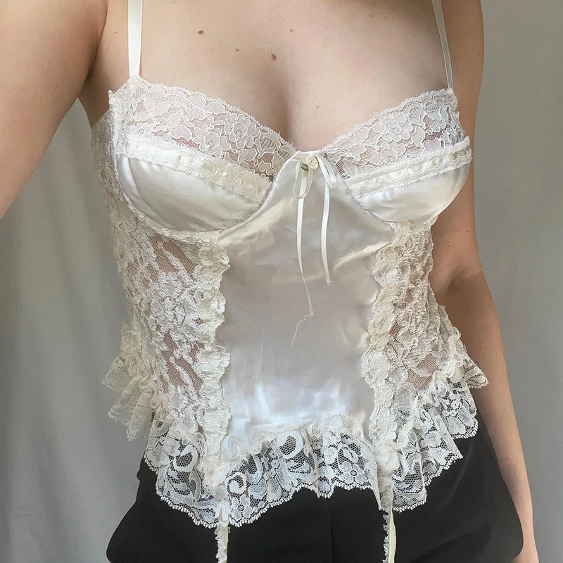 

New American Style Lace Stitching Lace Bra Strap Hot Girl Sexy See-through Bow Mesh Base Vest for Women