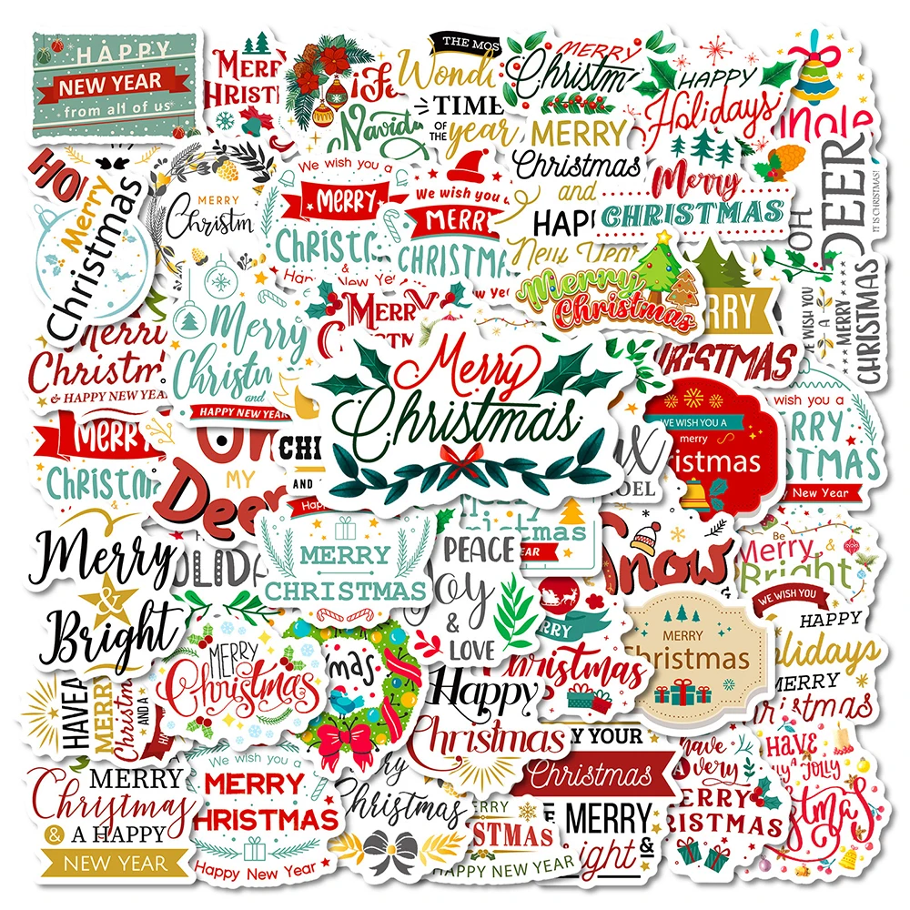 

10/30/50pcs Art Merry Christmas Word Stickers Happy New Year Holiday Cartoon Decals DIY Luggage Phone Notebook Graffiti Sticker