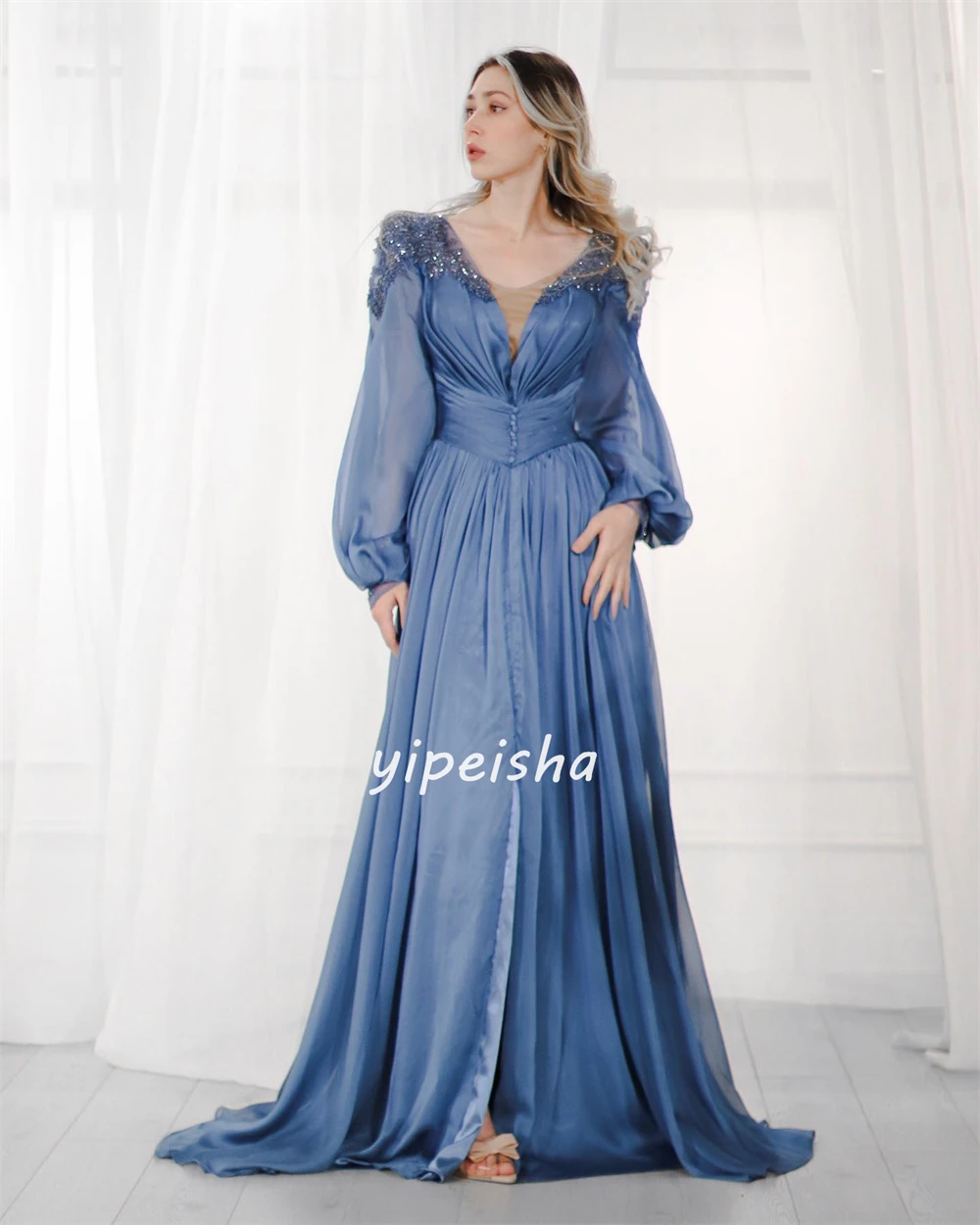 Chiffon Sequined Beading Ruched Beach A-line V-neck Bespoke Occasion Gown Long Dresses