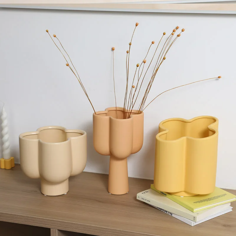 Ceramic Vase Flower Shape Geometric Petals Flowerpot Arrangement Crafts Home Decoration Accessories