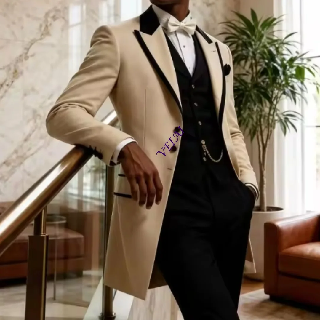 CustomizedVelvet Men Suits 3 Pieces Mix Match Peak Lapel Tuxedo Cream Vest Pants Formal Wedding Banquet Rehearsal Dinner Custom