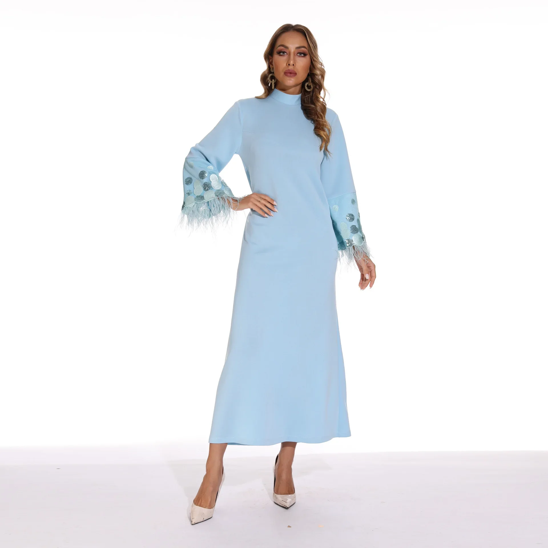 Robe musulmane longue à paillettes pour femmes, col rond, manches en plumes, moyen-orient, arabe, national, élégant, solide, nouveau, 2022