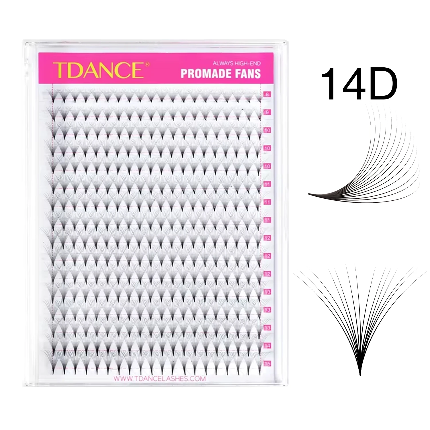 TDANCE 320 Vorgefertigte Volumen-Wimpern 14D Weiche Matte Wimpernverlängerung 16 Reihen Spitzer Basis-Stiel Mittelstiel-Wimpern