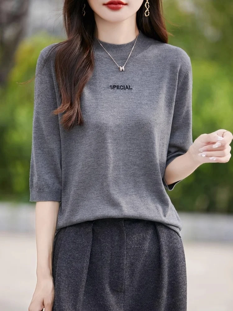 Early Autumn 2024 Women's Casual Loose Knitted Base irt f High Collar Thin Spun Five Sve Loose Fit Commute Sle