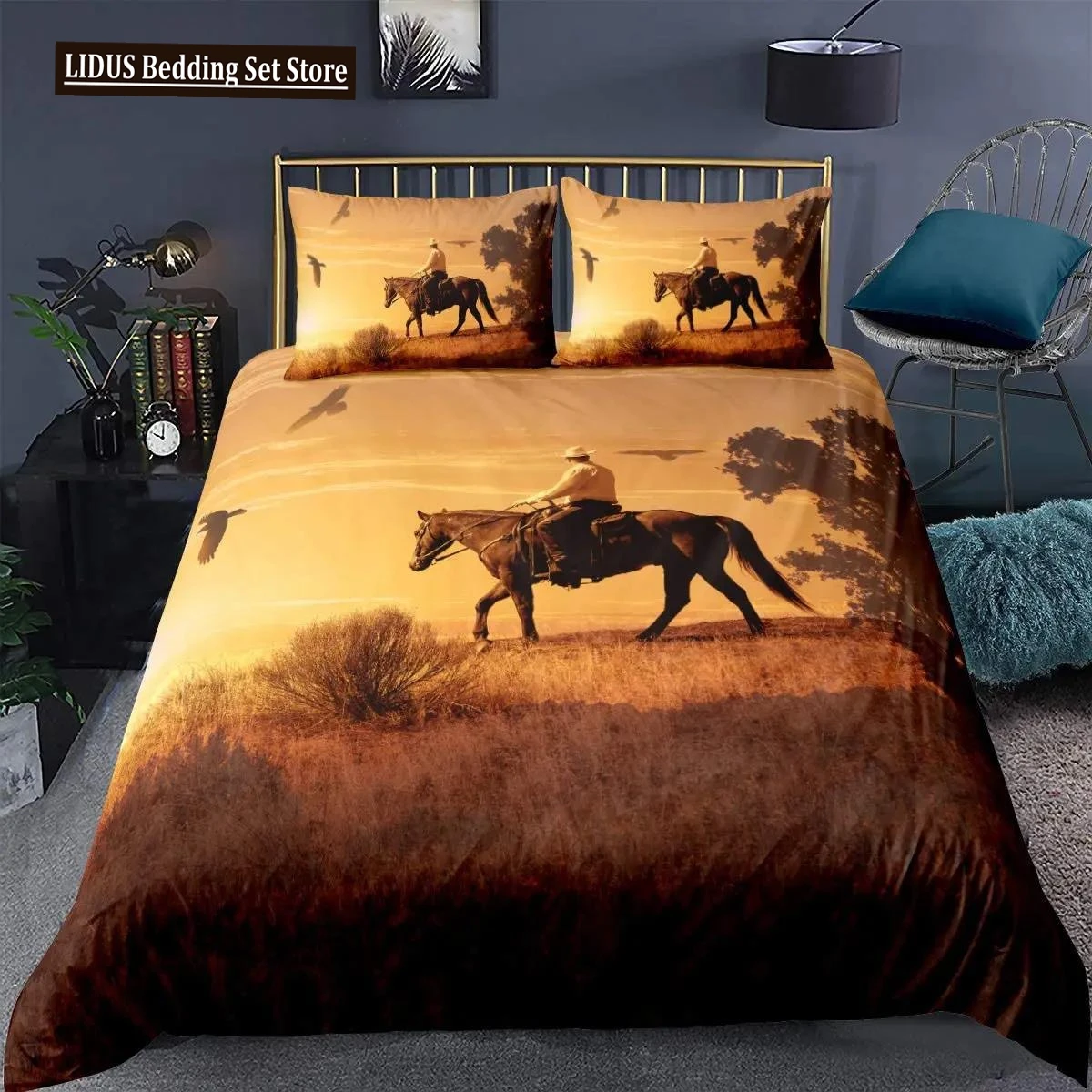 

Horse Duvet Cover Animal Bedding Set For Kids Teens Western Cowboy Sunset Scenery Double Queen King Size Polyester Qulit Cover