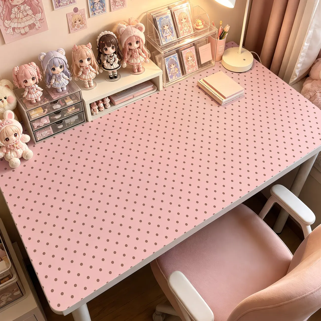 PU Leather Mouse Pad Sweet Pink White Polka Dot Mouse Pad Letter Lucky Office Desk Mat Waterproof Non-Slip PU Desk Blotter Pad
