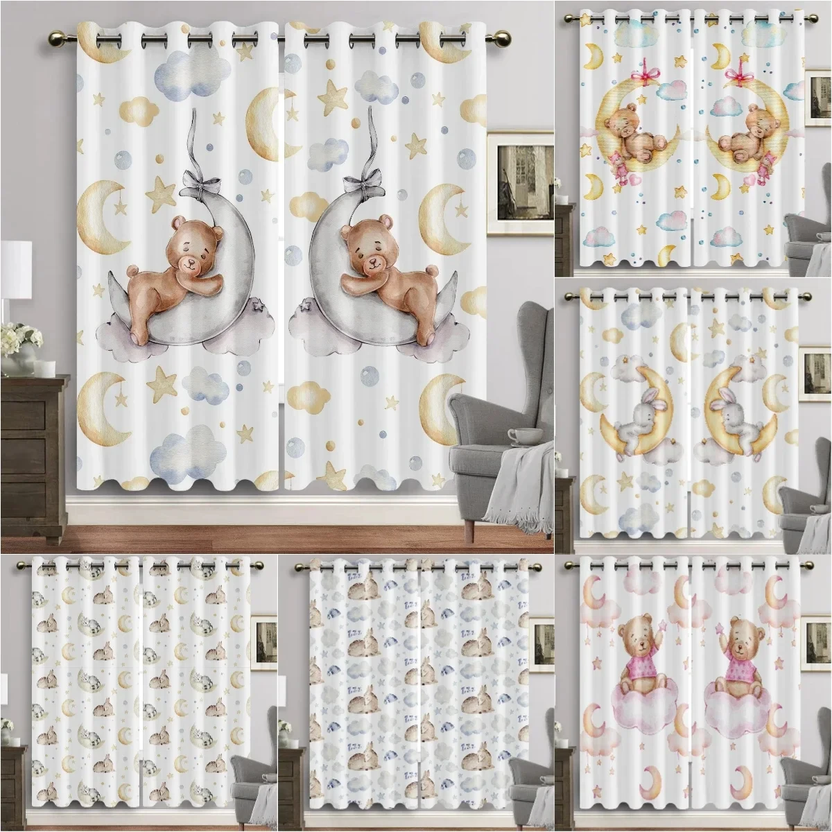 

Cartoon Animals Window Curtain Living Room Watercolor Bunny Bear Eyelet Curtains Moon Print New Baby Room Drapes High Shading