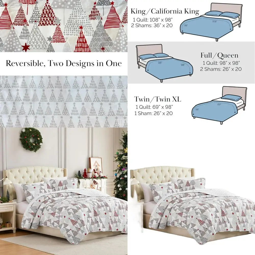 

Reversible Queen Christmas Quilt Set with 2 Shams, Festive Red & Silver Design
