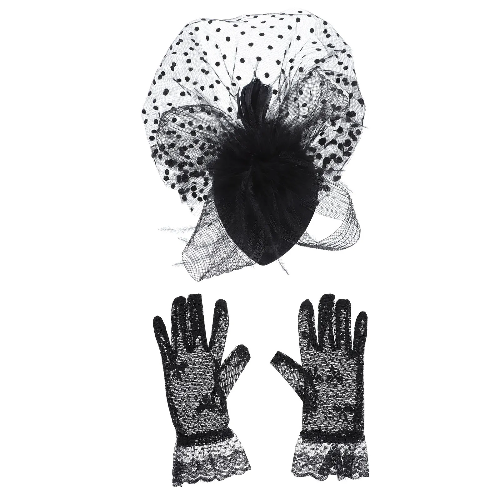 1세트 치파오 드레스 액세서리 레트로 메쉬 망사 모자 장갑 세트 연회 웨딩 촬영 파티 베일 헤드드레스