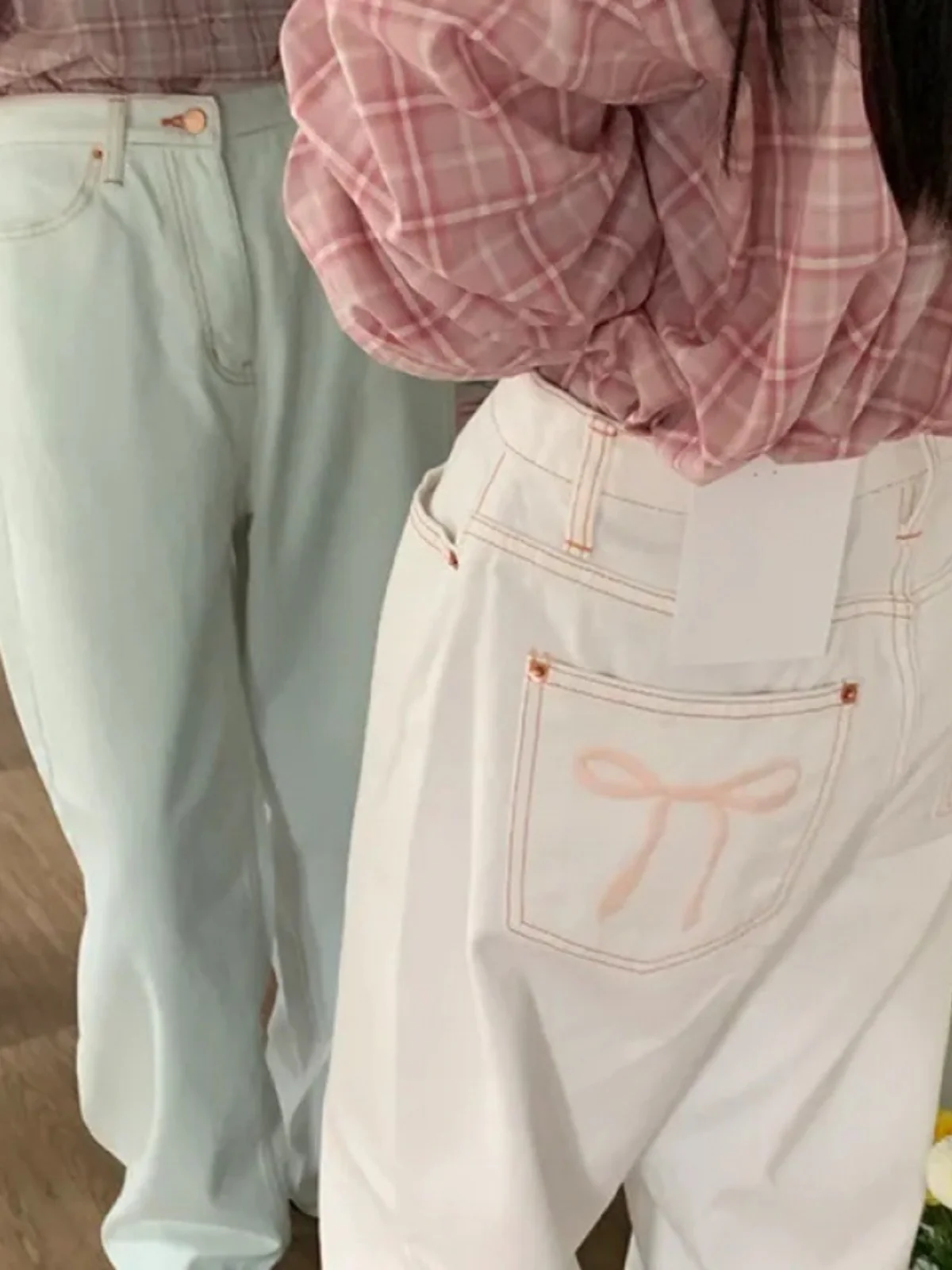 

Розовые джинсы с вышивкой и бантом, широкие, прямые, с высокой талией, из денима, для весны, лета, осени, длинные брюки с высокой талией