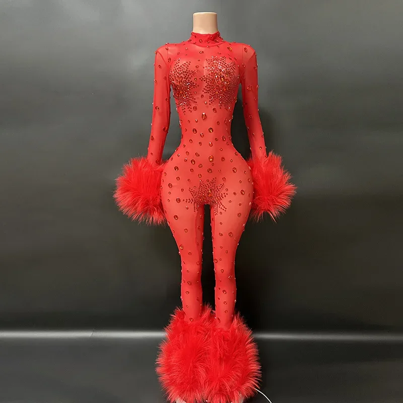 

Singer Stage Show Dress Luxury Shining Diamonds Rhinestones Pink Feathers Long Sleeve Sexy Bodycon Jumpsuit Evening Dress