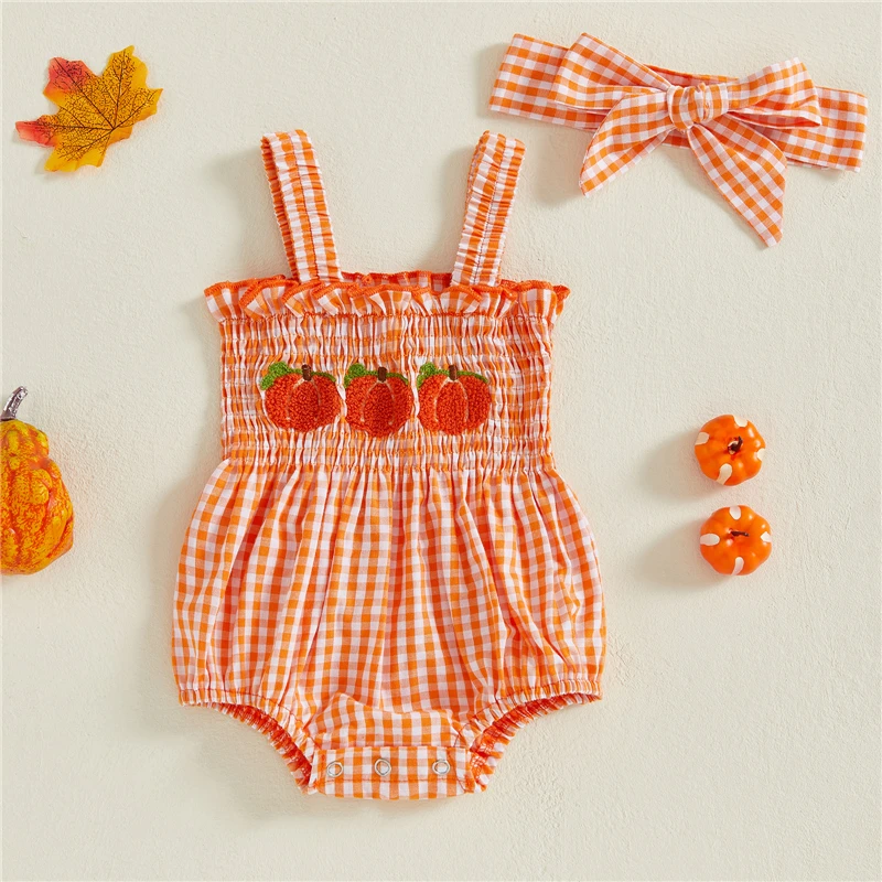 Newborn Baby Girl Halloween Outfit Plaid Pumpkin Embroidered Sleeveless Smocked Overall Romper Headband 2 Piece Set