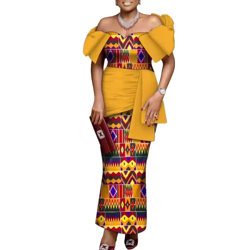 Lady's African robe, African dress, lady's long-style Dacik skirt, lady's one-shoulder design party evening gown