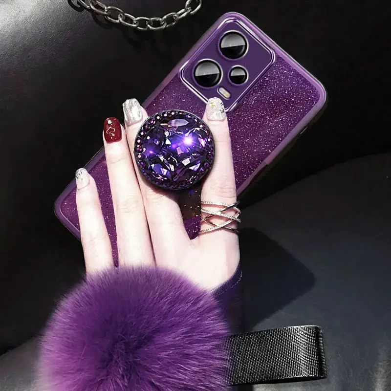 Redmi Note12 pro 5G Case Luxury Diamond Holder Cover For Xiaomi Redmi note 12 pro poco F5 X6 X5 pro Case With Fur ball Lanyard