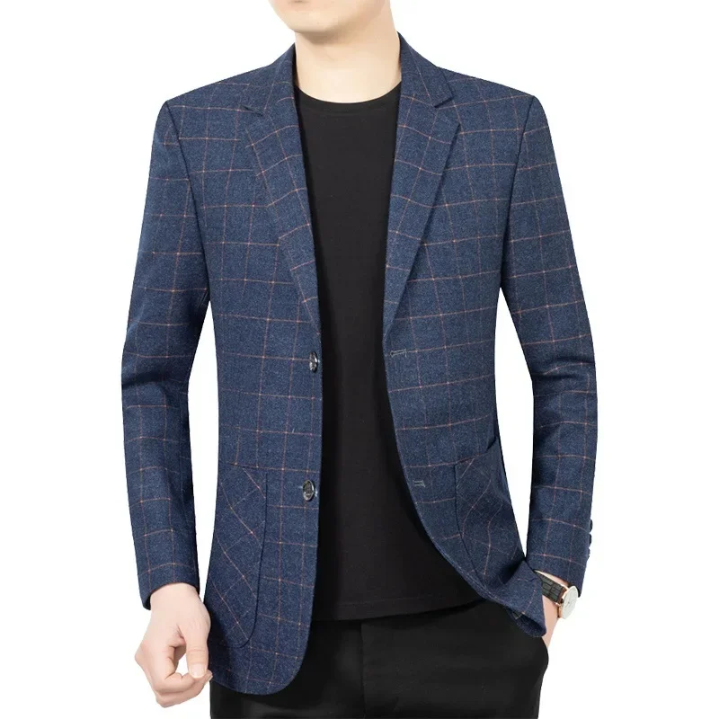 New Spring Men Blue Plaid Blazers Jackets Male Korean Design Suits Coats Business Casual Slim Blazers Coats Men\'s Clothing 4XL