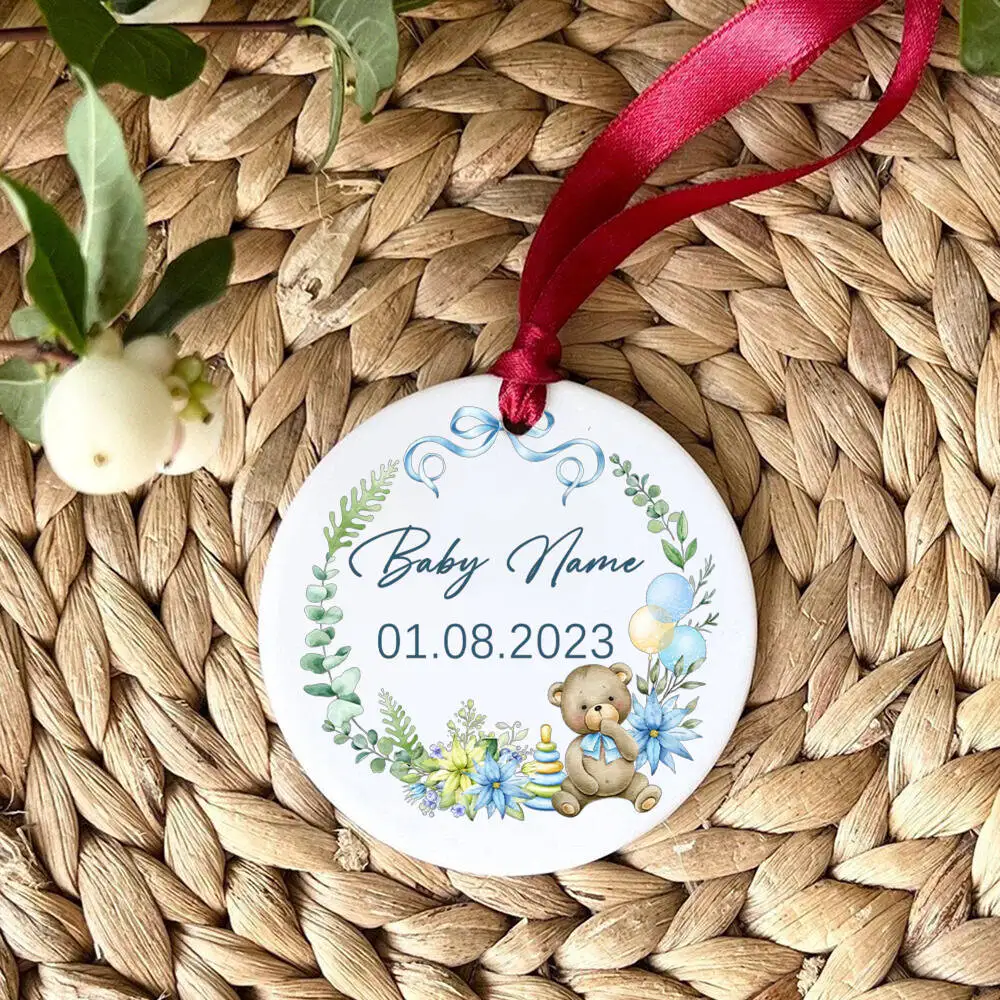 Personalized Baby Ornament Custom Safari Animals Wreath Photo Prop Newbron Photography Accessories Infant Birth Ceramic Ornament