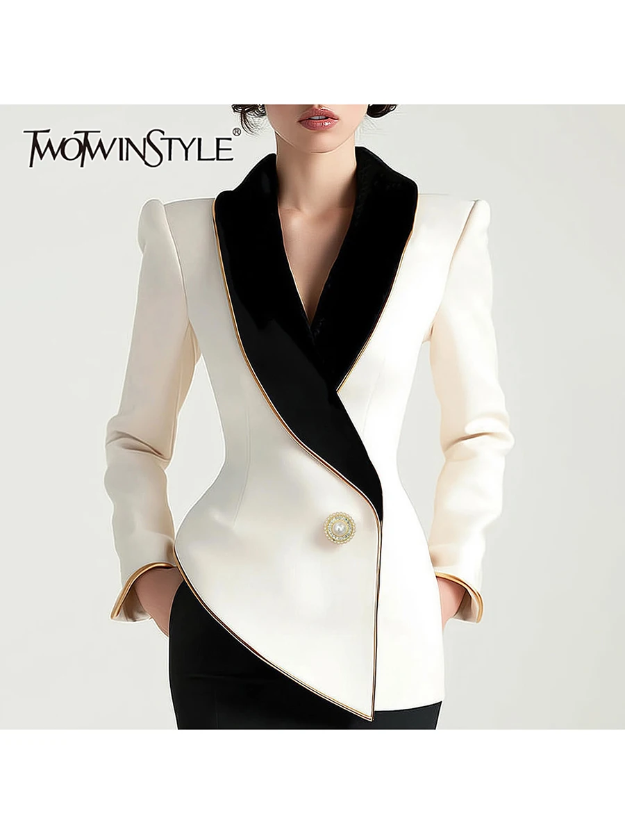 

TWOTWINSTYLE хитовый цвет, утягивающий темпераментный пиджак для женщин, туника с лацканами и длинными рукавами, лоскутный пиджак на пуговицах, женская одежда