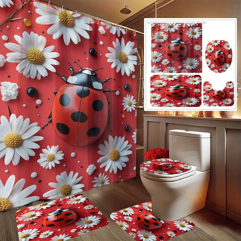 4pcs Red Ladybug And Daisy Print Shower Curtain, Shower Curtain Set, Comes with 12 Plastic Hooks, Machine Washable, Bathroom