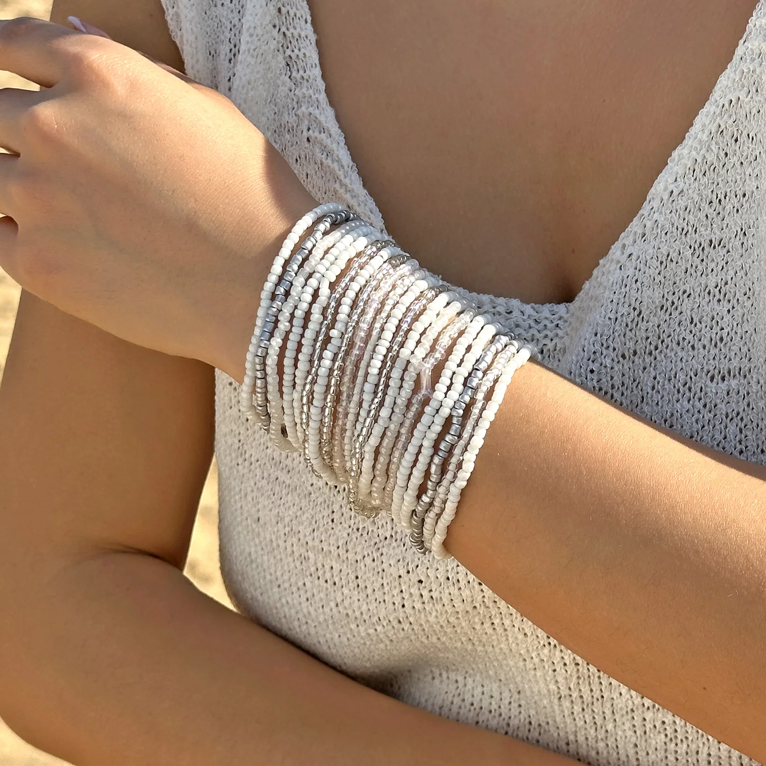 Böhmische Stapelbare Perlen-Stretch-Armbänder für Frauen Zufällige Farbmischung Elastische Reisperlen-Armbänder Sommer-Strandschmuck – Detail 4