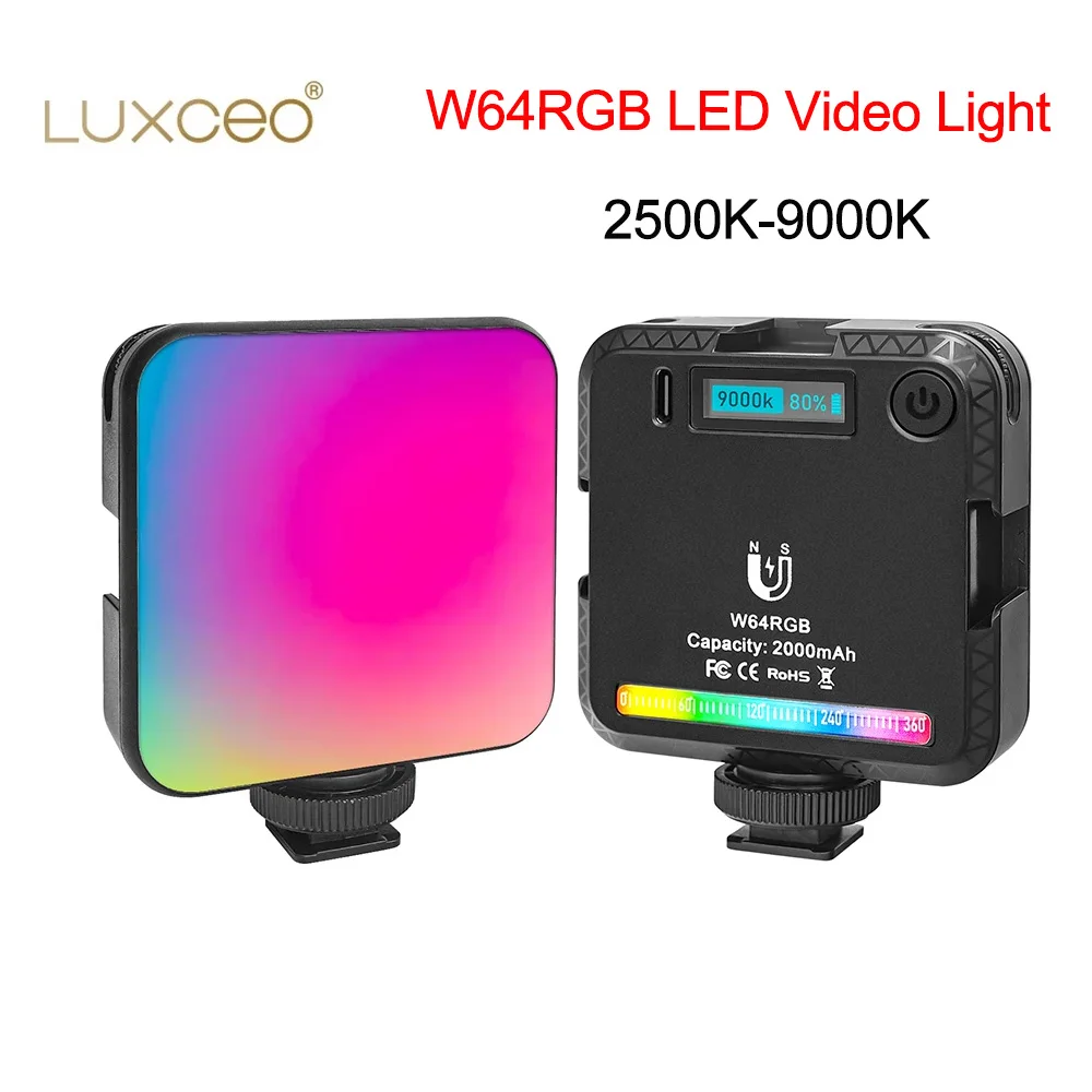 LUXCEO W64RGB LED Video Light 2000mAh Rechargable Lamp Magnetic Studio Photo Light 2500K-9000K Mini Fill Light for Photography