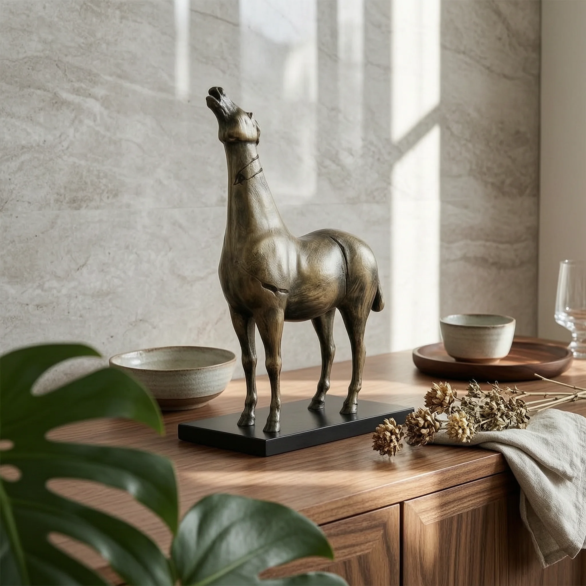 Standing Horse Figurine Antique Style Horse Statue on Base Equine Sculpture Hand Finished 1 Piece Non