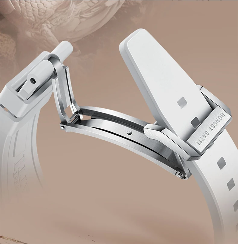 BONEST GATTI Men Automatic Watch Tonneau Mechanical Wristwatch 3ATM Sapphire Luminous Hollow Out Dragon Dial Fluororubber Strap