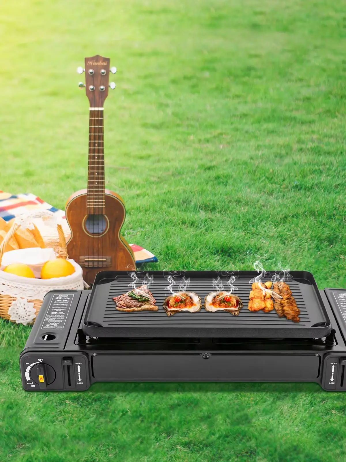 

Black Portable Camping Stove 2 Burners Outdoor Cooking Station Foldable Camp Kitchen Propane Gas Stove