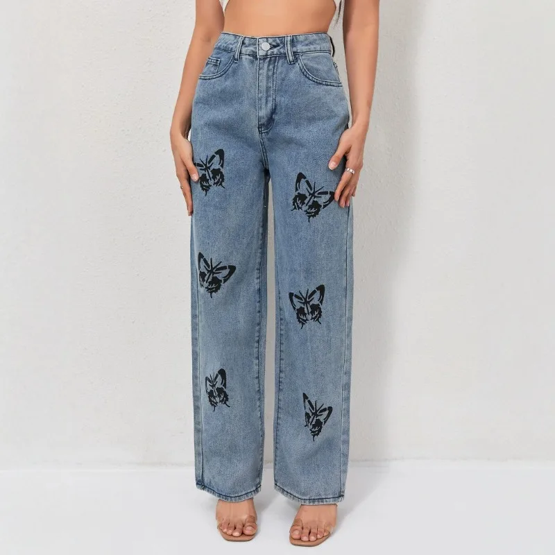 Butterfly Printed Denim Jeans For Women High-Waisted Straight Wide Leg Pants Jeans Vintage Trousers Loose Casual Y2K Grunge