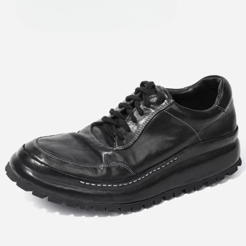 British High End Retro Washed Horse Leather Shoes Men's Breathable Horsehide Casual Leather Shoes Hand-sewn Goodyear Daddy Shoes