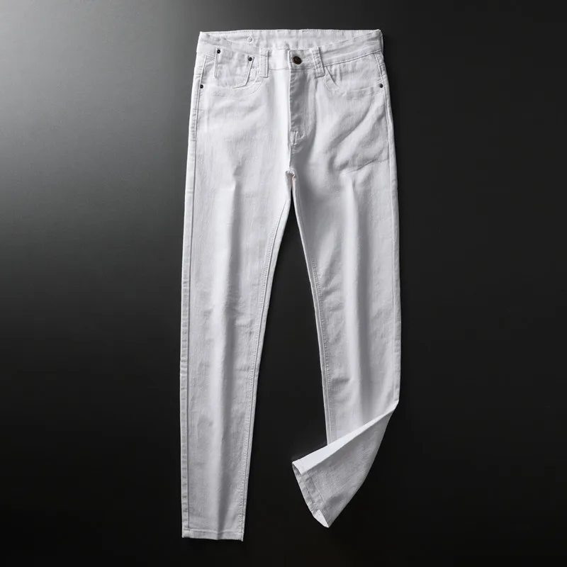 

2025 New High End White Stretch Slim Fit Men Jeans Summer Thin Trendy Casual Straight Leg Long Pants