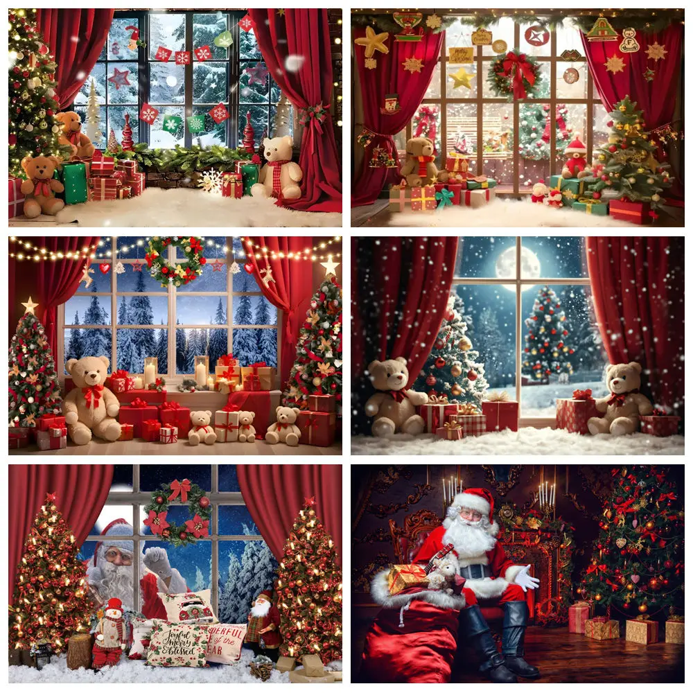 

Merry Christmas Photography Backdrops Winter Window Xmas Tree Santa Claus Gift Family Party Background Decor Photo Studio Props