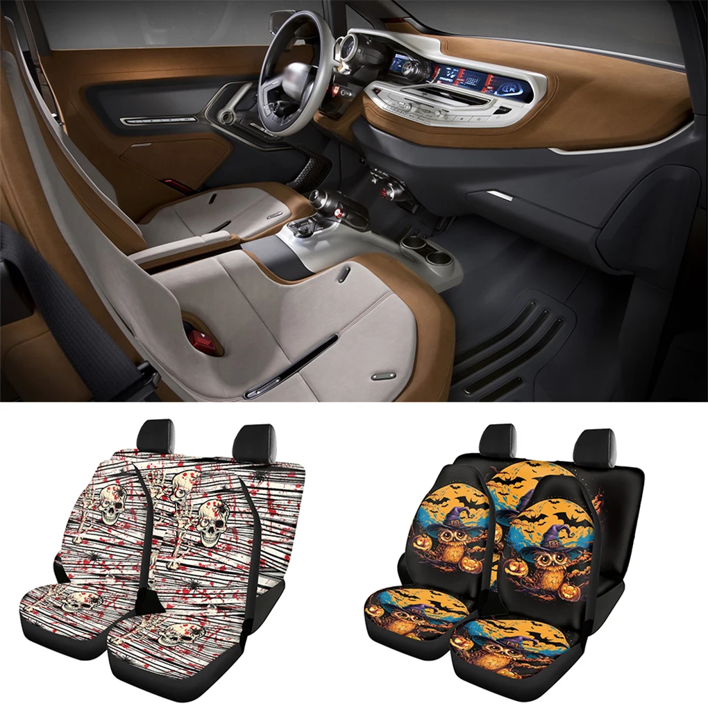 Car Seat Covers Halloween Pumpkin Black Cat Front and Rear Seat Cover White Ghost Owl Human Skeleton Case