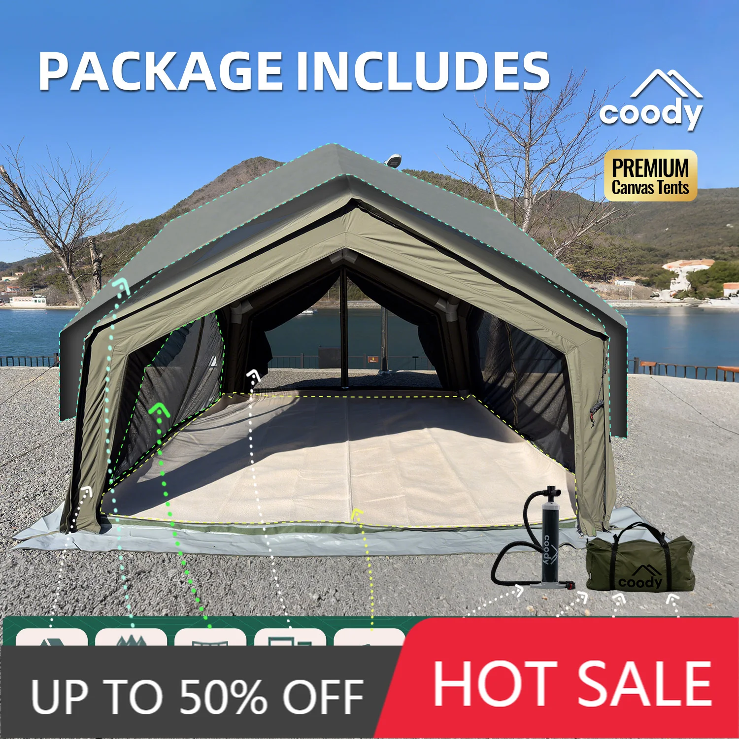 Coody Hub Station Army Green Inflatable Tent 3-5 Person 4 Seasons Luxury Canvas Family Camping Tent