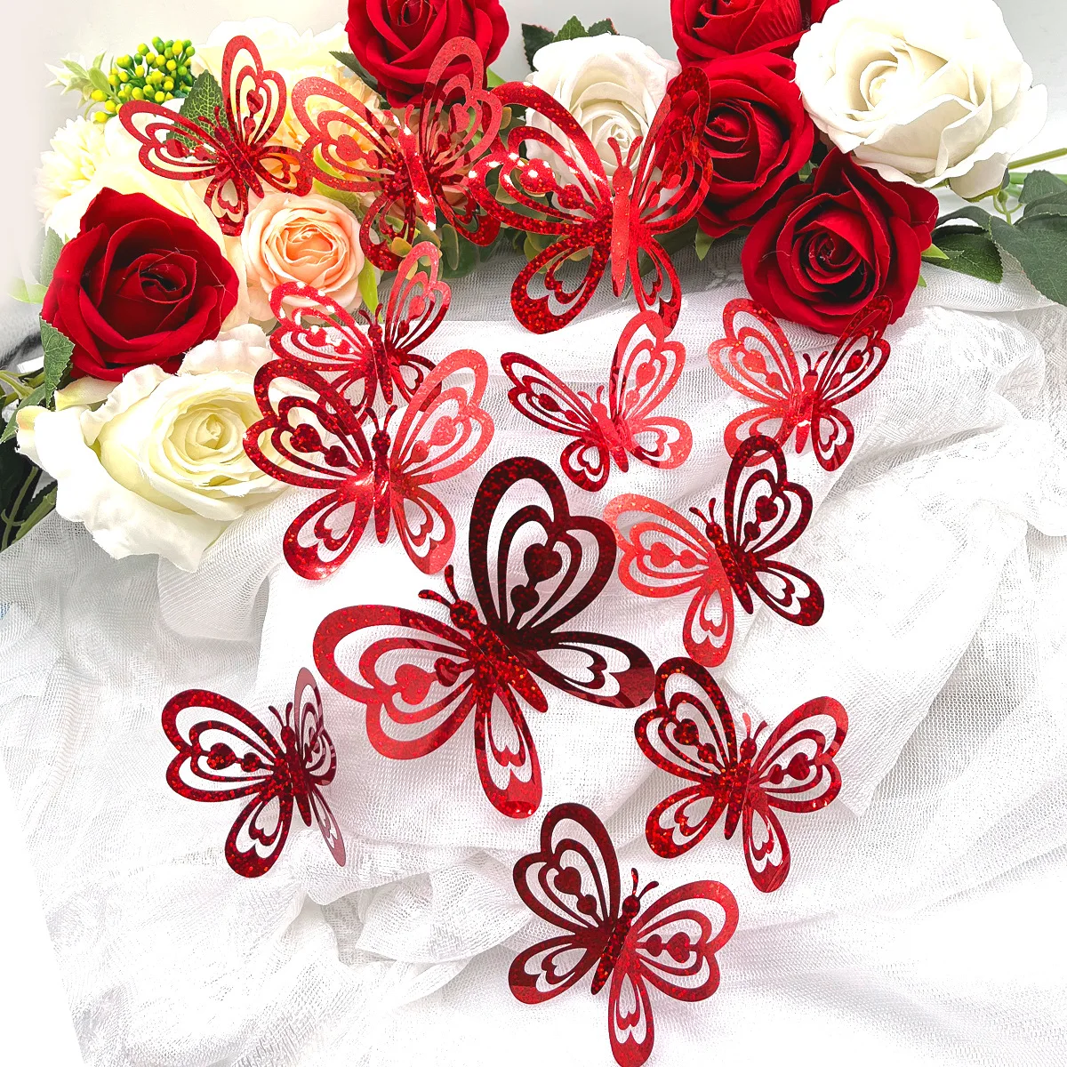 

12PCS Single Layer Purple Red Three-dimensional Butterfly Valentine's Day Flash Gold Butterfly Decoration Wall Stickers