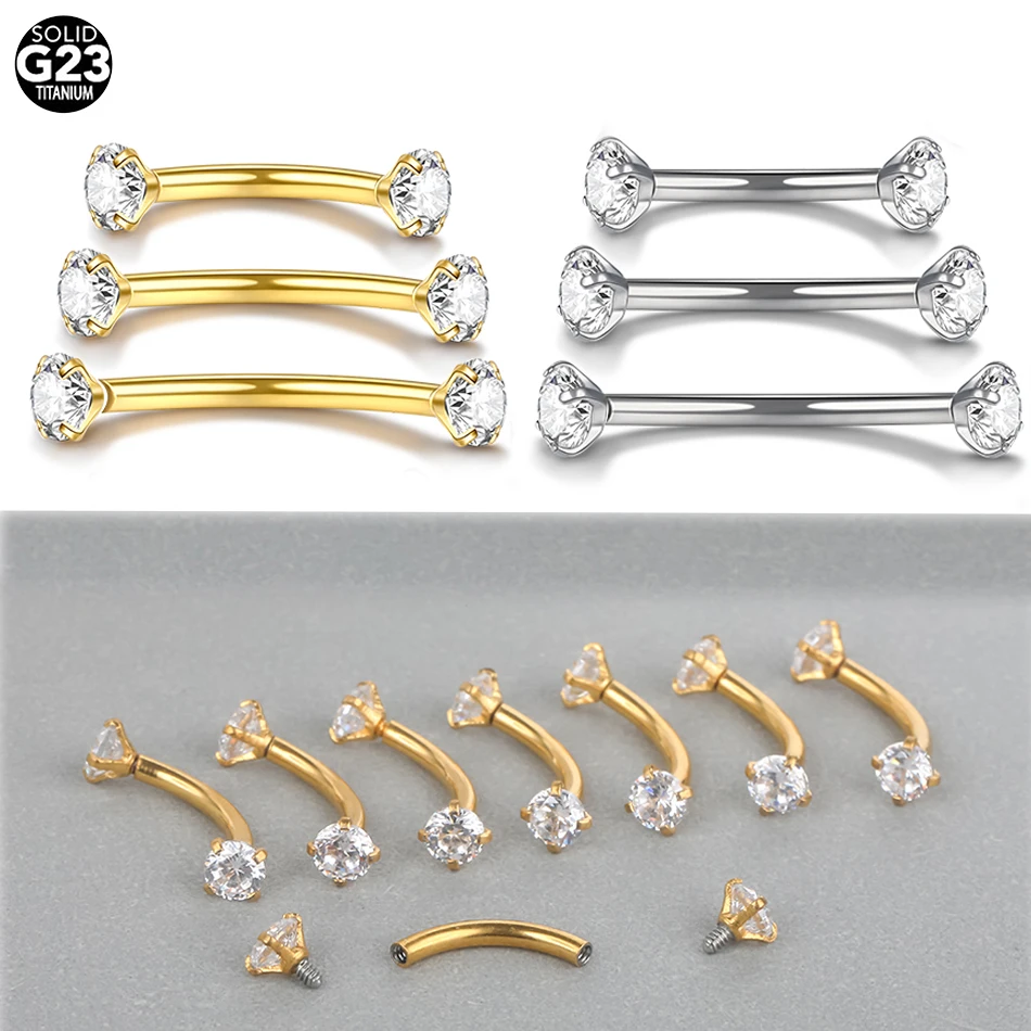 1Pc G23 Titanium Eyebrow Piercings Banana Earring Internally Threaded Zircon Curved Barbell Tragus Ear Cartilage Piercing 16G