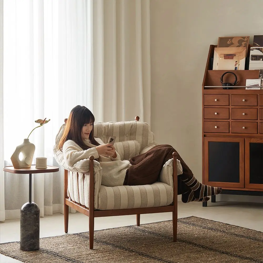 Medieval leisure chair fabric striped light French small apartment household living room bedroom single solid wood sofa
