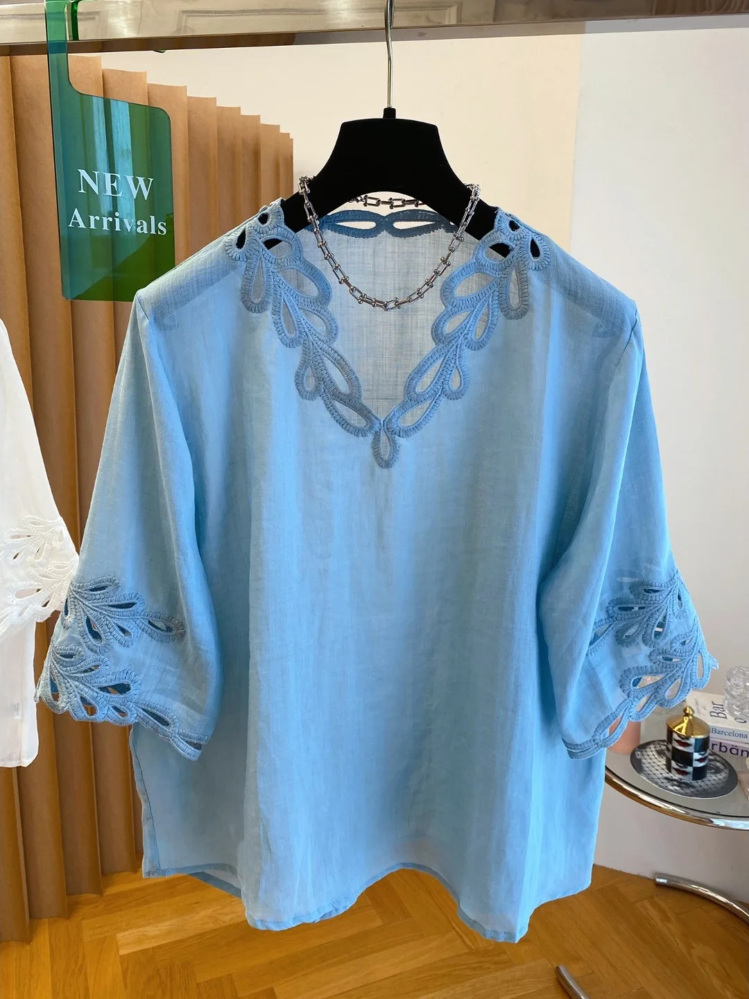 Csa de Lino Hoada Única para Mujer, Manga Corta, Azul, Moderna, Top Pequeño, Corte Recto Vintage, Largo Regular, Color S...