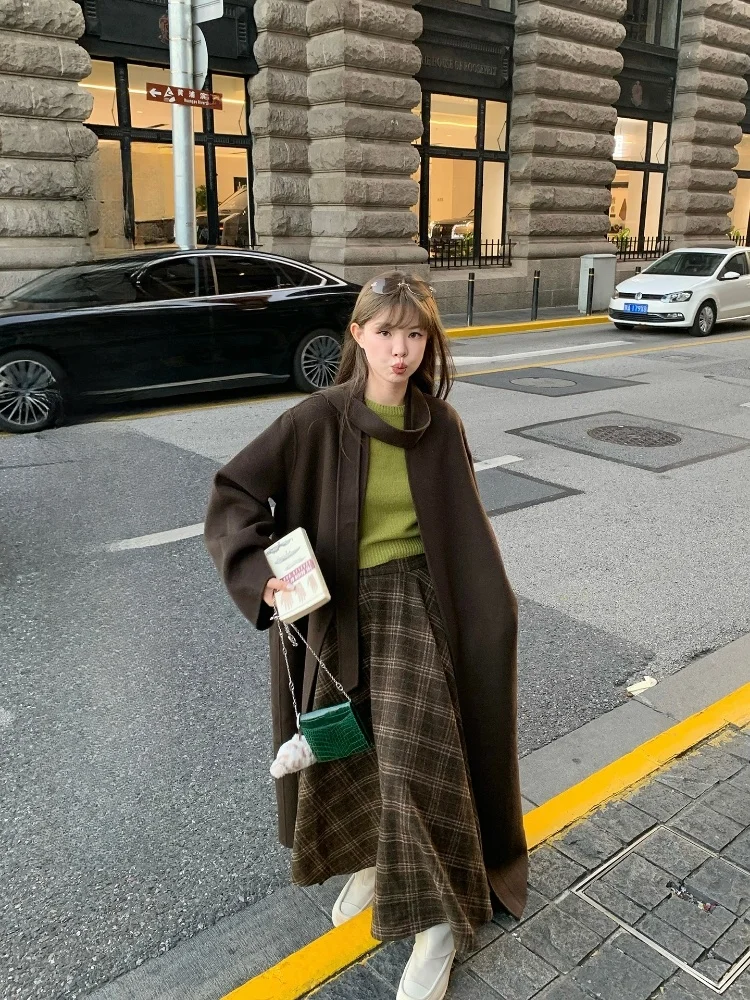 

Двустороннее шерстяное длинное пальто с поясом, романтичное, повседневное, в корейском стиле, свободного кроя, однотонное, производство Китай