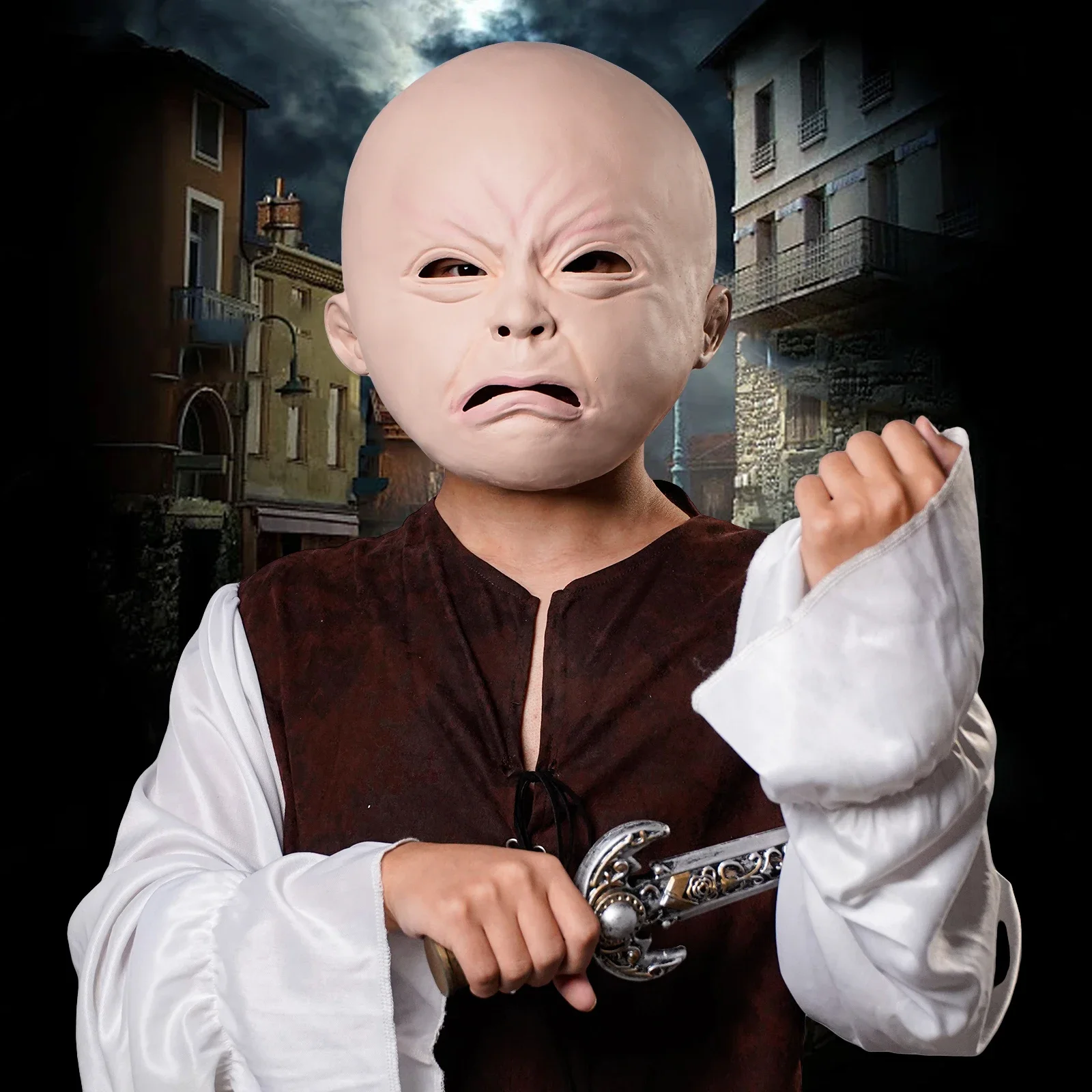 2025 الهالوين Coiffe de poupée Realiste avec visage qui pleure، masque effrayant pour Halloween، التعبير السعيدة وممتعة