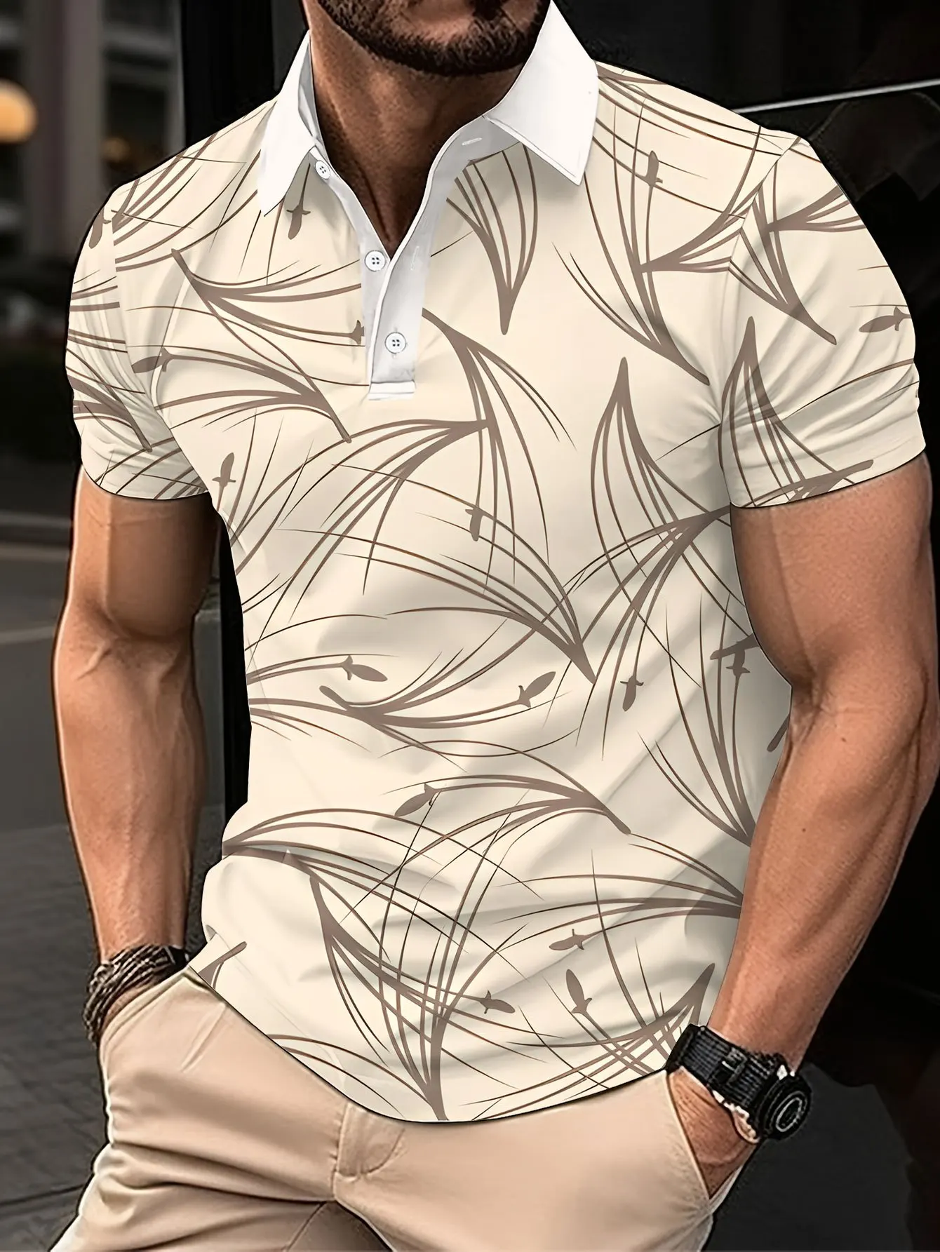 New men's short-sleeve polo shirt T-shirt, loose-fitting and tailored with printed patterns, versatile basic crew-neck top suita