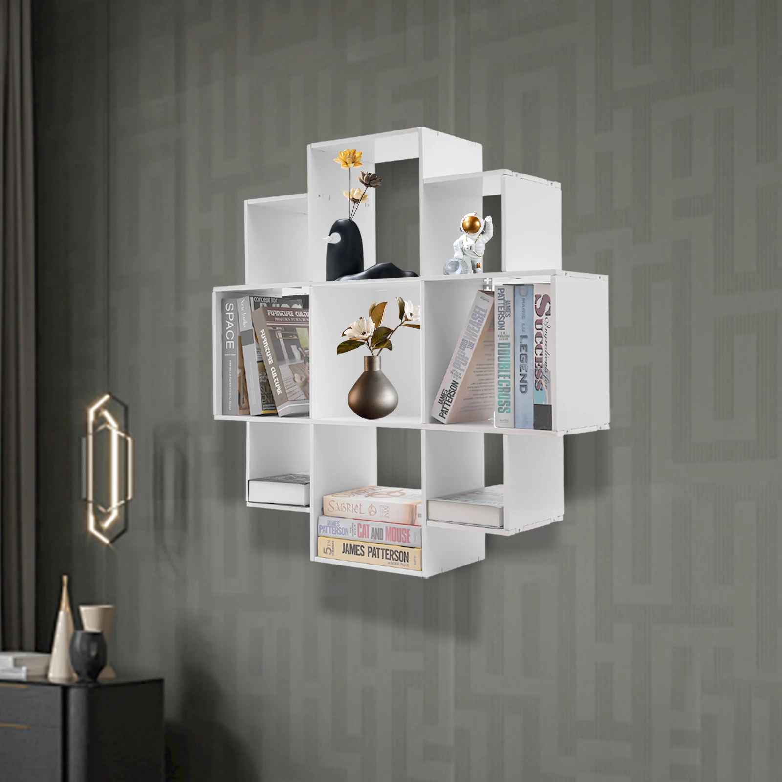 Multi-Purpose 9-Compartment Wall-Mounted Bookshelf Easy Clean Decorative For Living Room Study Office Organizer