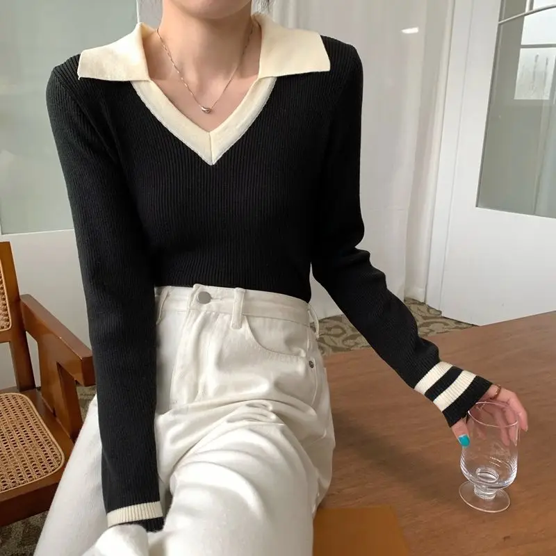 Rimocy Korean V Neck Knit Pullovers Women Autumn Winter Bottoming Cropped Sweaters Woman Stripe Long Sleeve Knitwear Sweater