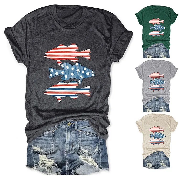 Casual short-sleeved T-shirt flag fish print summer fashion crew-neck top with new pullover