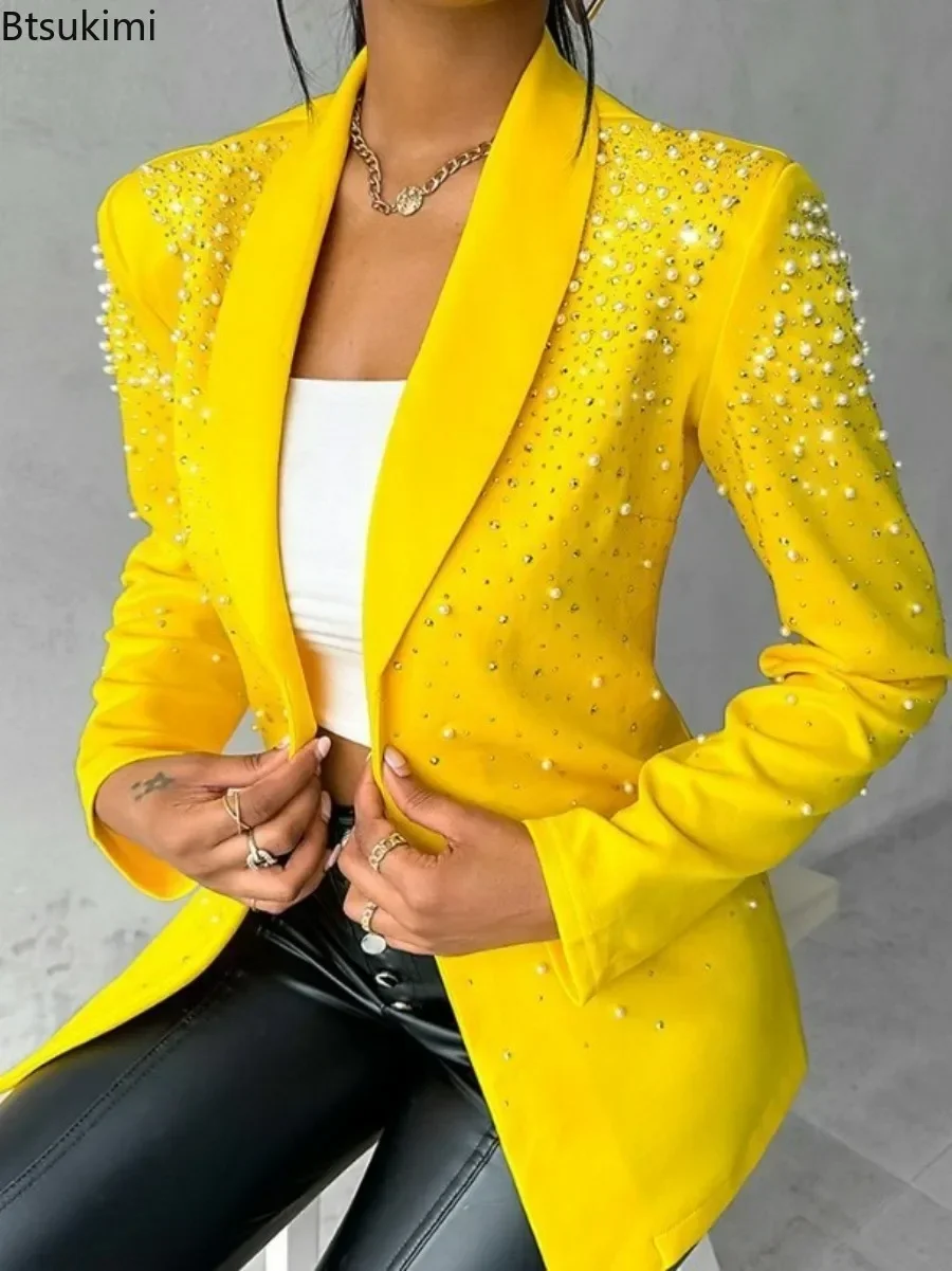 2025 Blazer de mujer moda de otoño con cuentas elegante temperamento chal cuello liso manga larga chaqueta de trabajo abrigo chaquetas de oficina para mujer