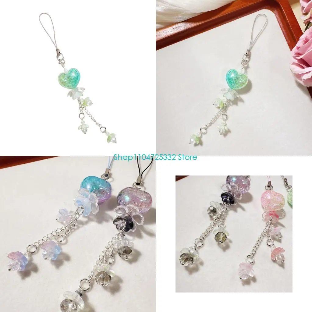 P5EA Shade Heart & Blossom Themed Strong Acrylic Mobile Strap with Keyring Elegant Swirled Flower Heart Charm for Phone